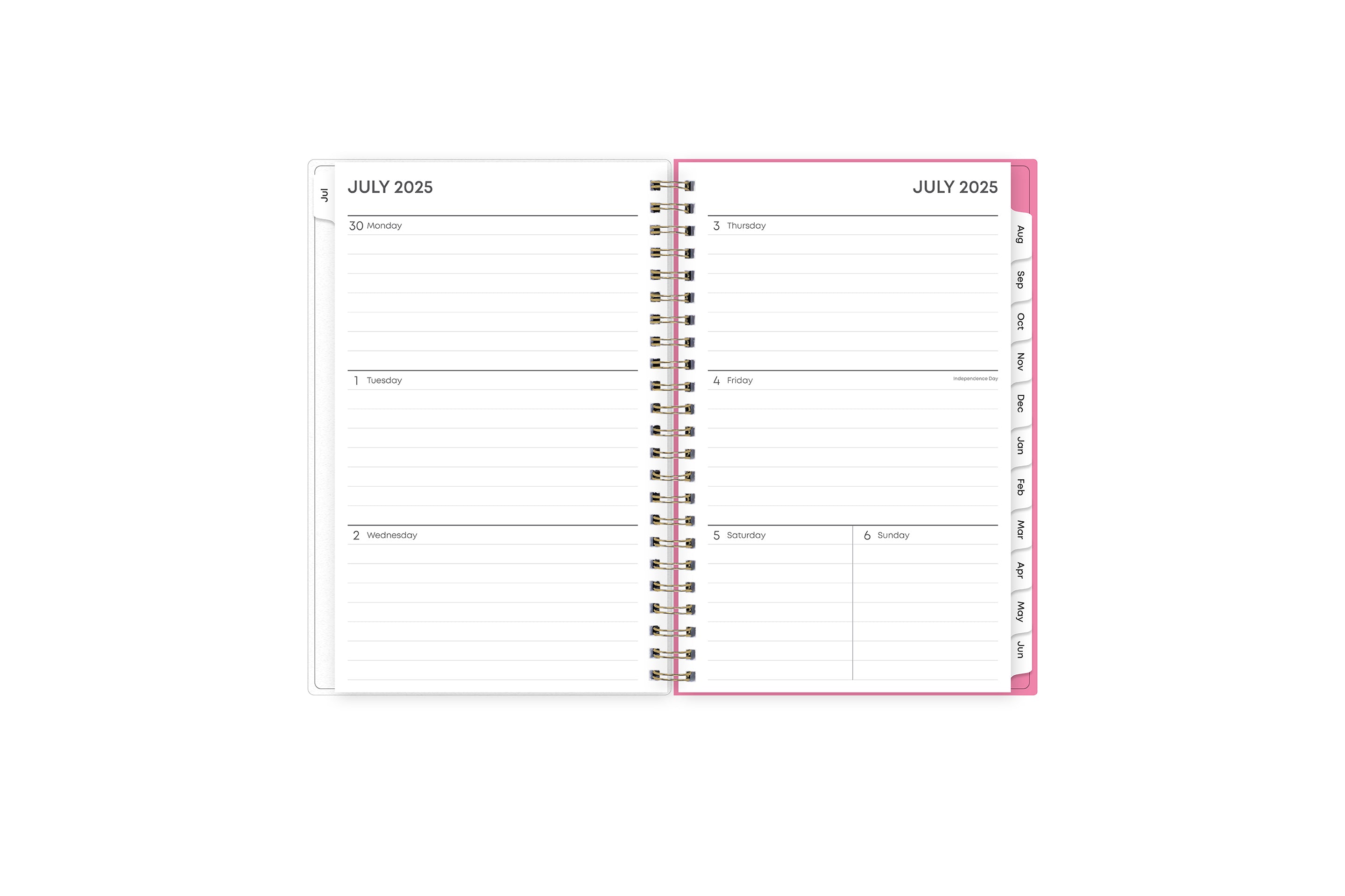 Featuring a weekly spread for this July - June weekly monthly planner are clean, lined writing space with room for notes, to-do lists, goals, projects, and white monthly tabs in 5x8 planner