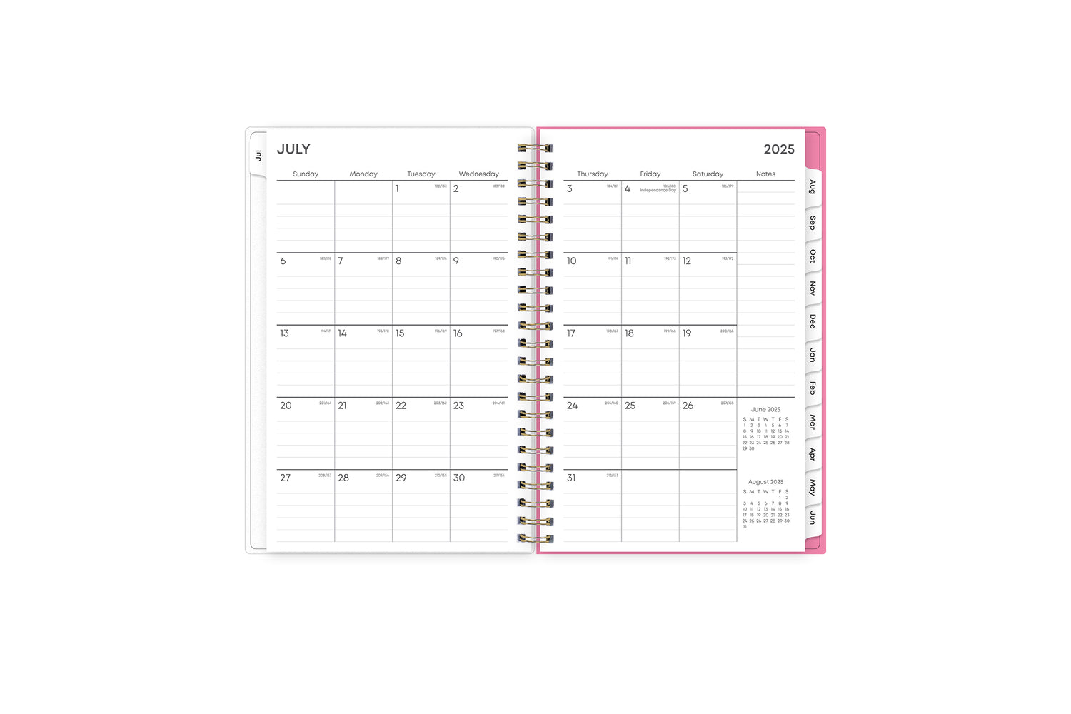 Featuring a monthly spread for this July - June weekly monthly planner are ample lined writing space, notes section, reference calendars, and white monthly tabs in compact 5x8 planner size