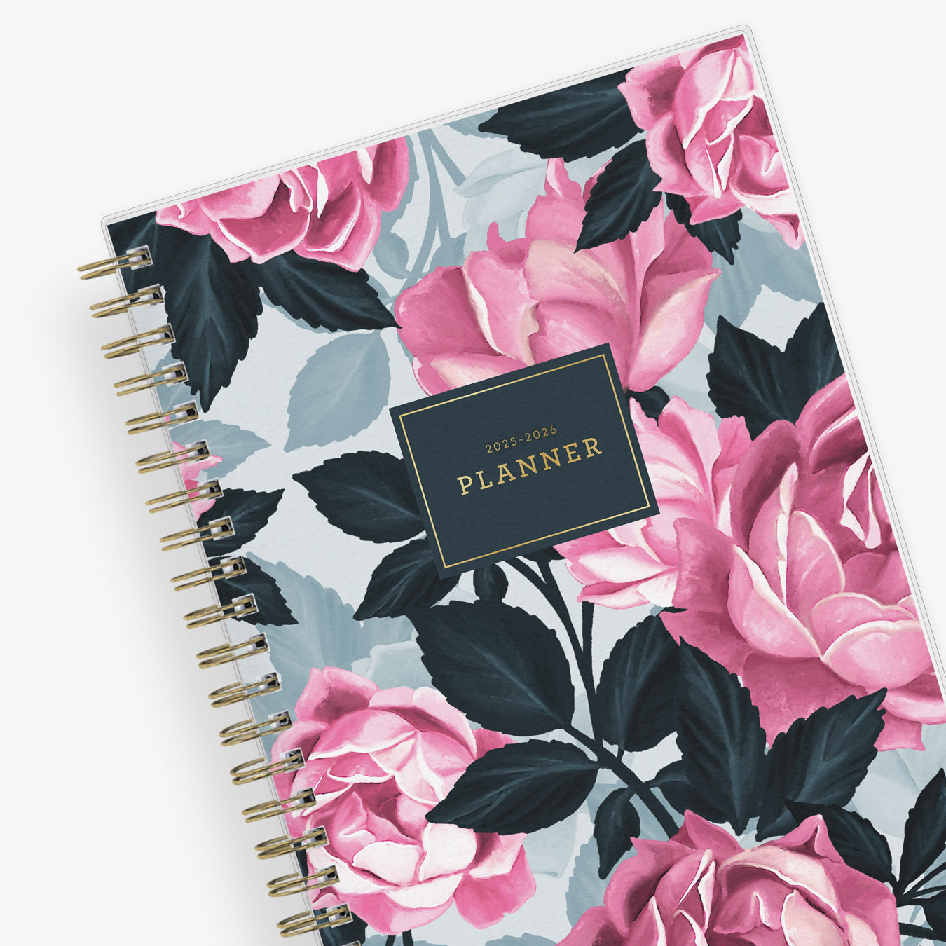 weekly monthly academic planner featuring a pink roses, shaded rose pedals, gold twin wire-o binding, and a compact 5x8 planner size