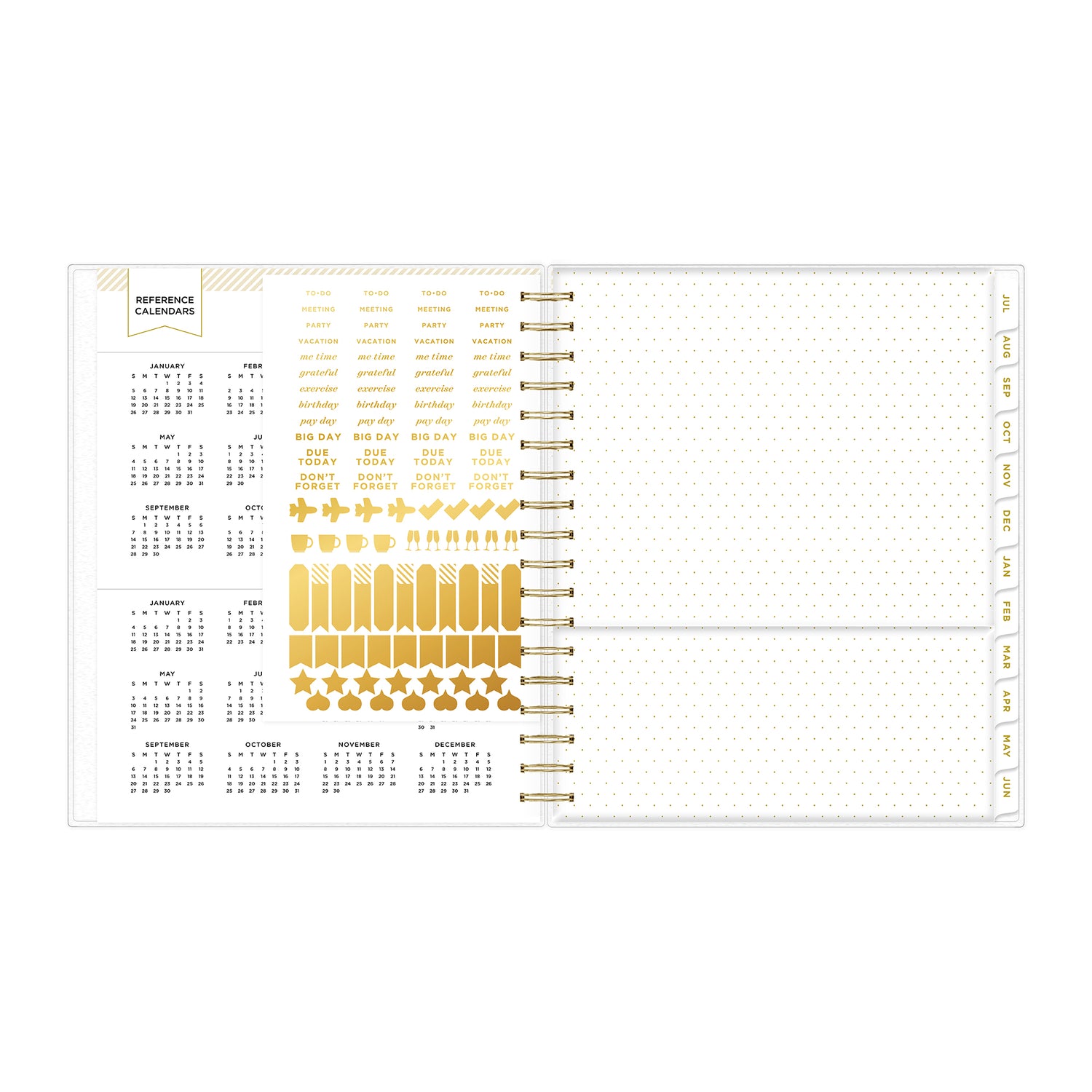 sticker sheet, book mark, paper pocket, and reference calendars, white monthly tabs