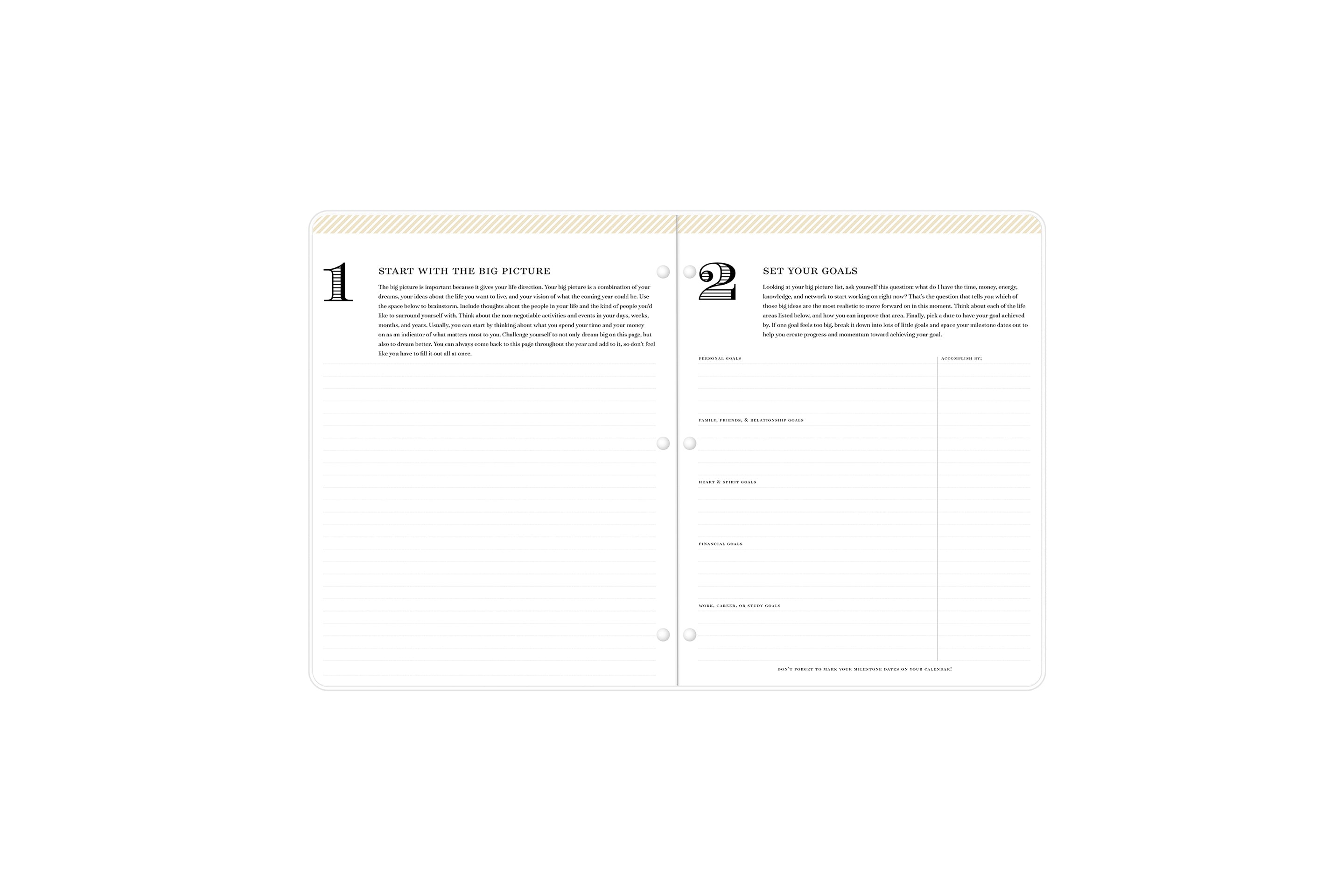 steps 1-2 to planning your new year with lined writing space, and multiple sections