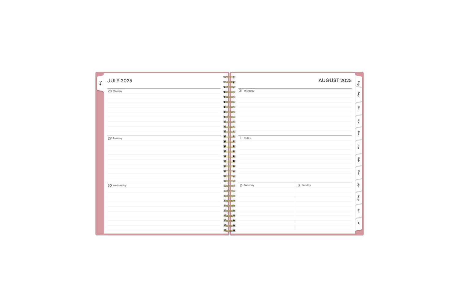 This  weekly monthly planner features a weekly spread with clean, lined writing space with room for notes, to-do lists, goals, projects, and blue monthly tabs in 8.5x11 page size
