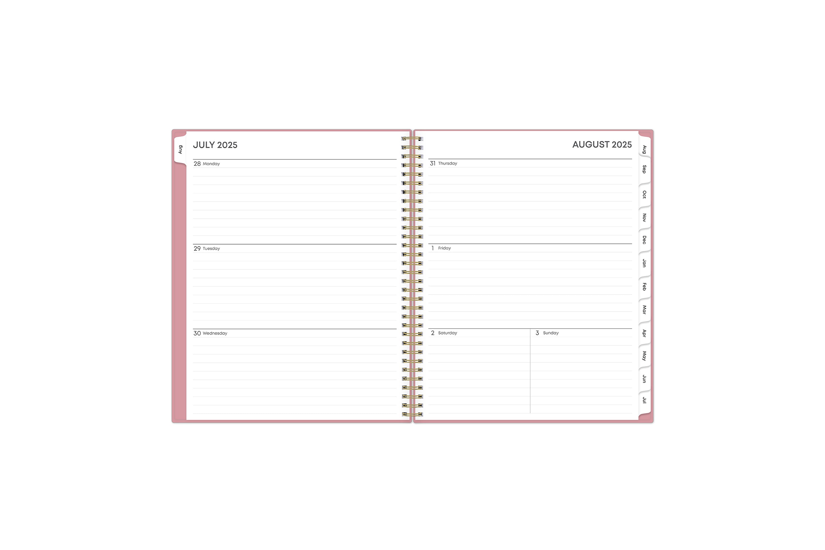 This  weekly monthly planner features a weekly spread with clean, lined writing space with room for notes, to-do lists, goals, projects, and blue monthly tabs in 8.5x11 page size
