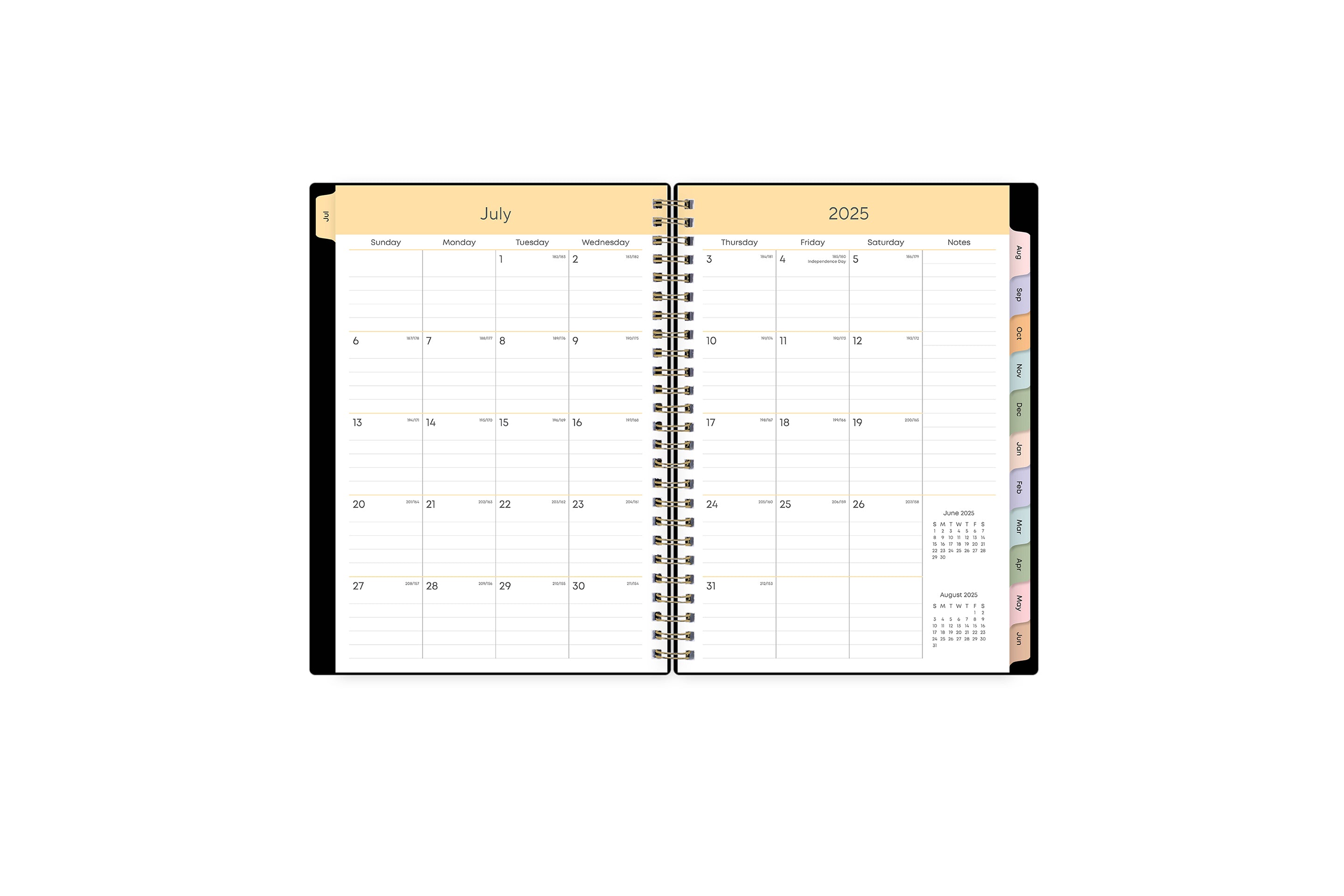 July 2025- June 2026 weekly monthly academic year planner featuring a monthly spread, lined writing space, notes section, reference calendars, and blue monthly tabs in 5x8 planner size
