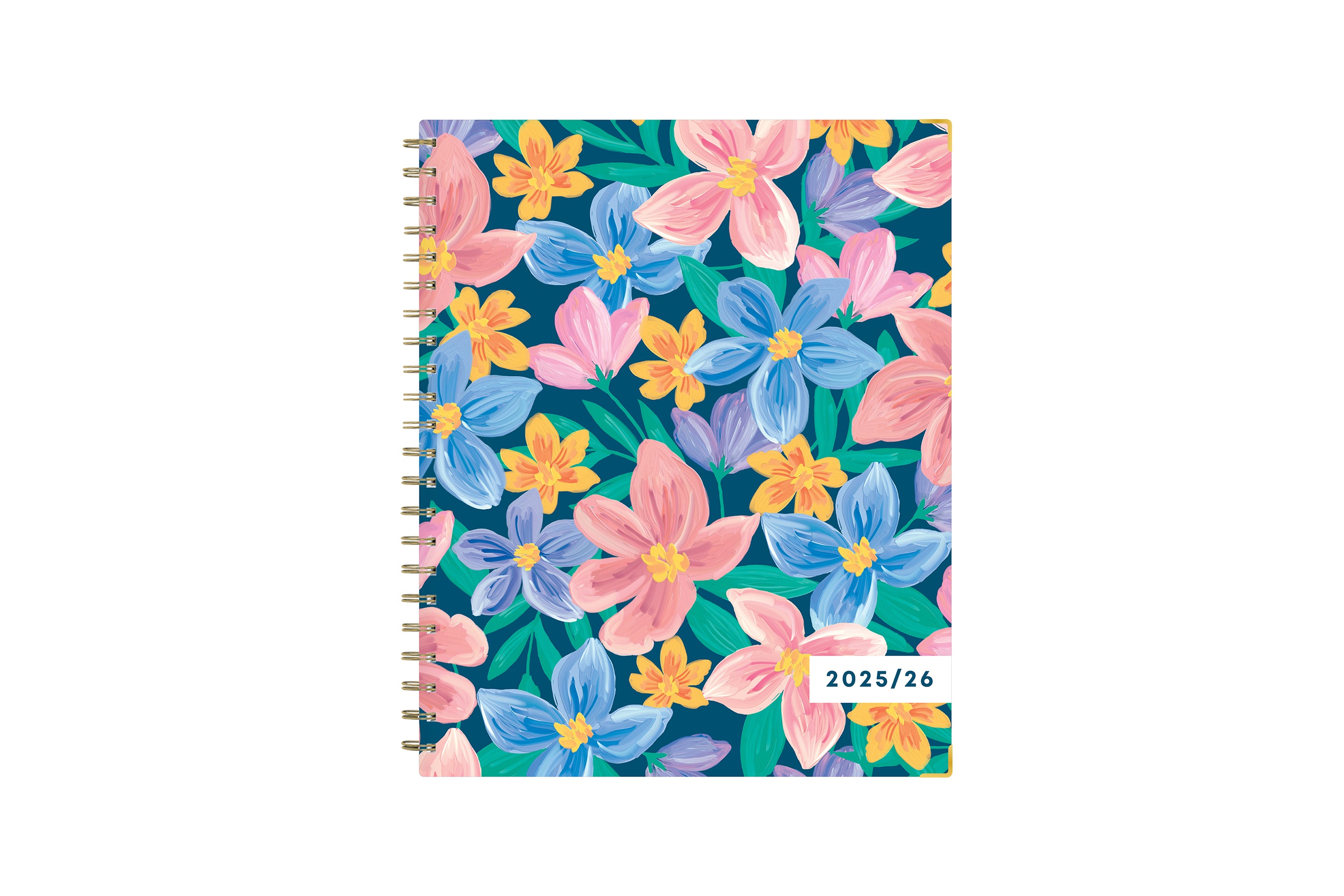 cheerful floral pattern on 8.5x11 planner size for this weekly monthly planner dated for July 2025 - June 2026