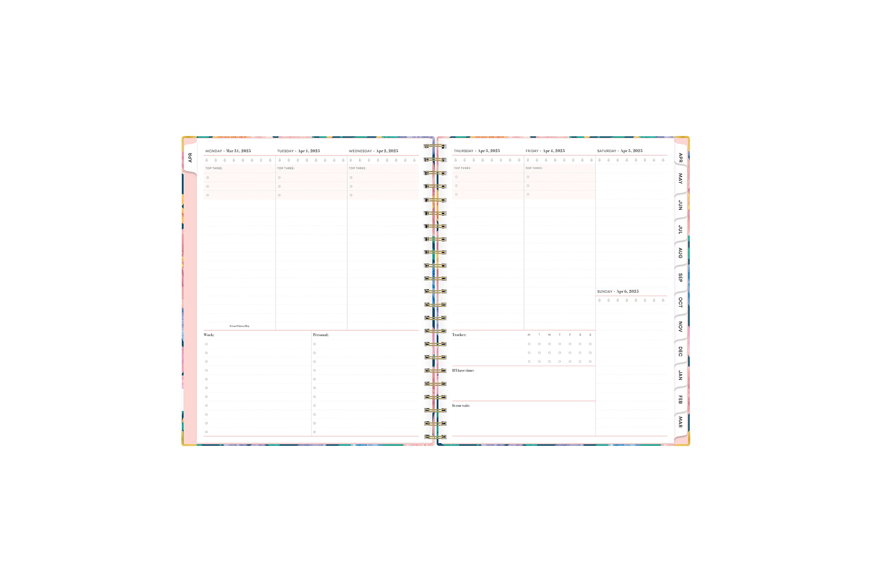 plan vertically with this weekly monthly planner with rainbow colored monthly tabs, grid notes section, both lined and blank writing space.