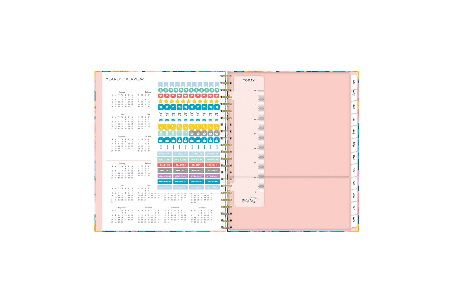 the livewell planner comes with sticker sheet, storage pocket, and rainbow colored tabs