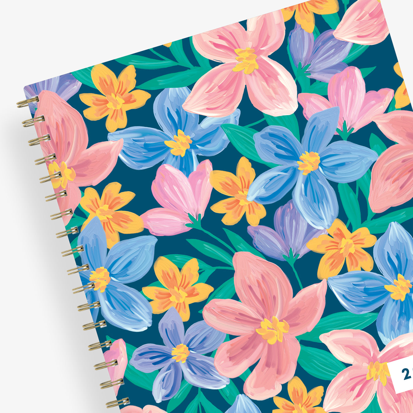 cheerful floral pattern on 8.5x11 planner size for this weekly monthly planner dated for July 2025 - June 2026