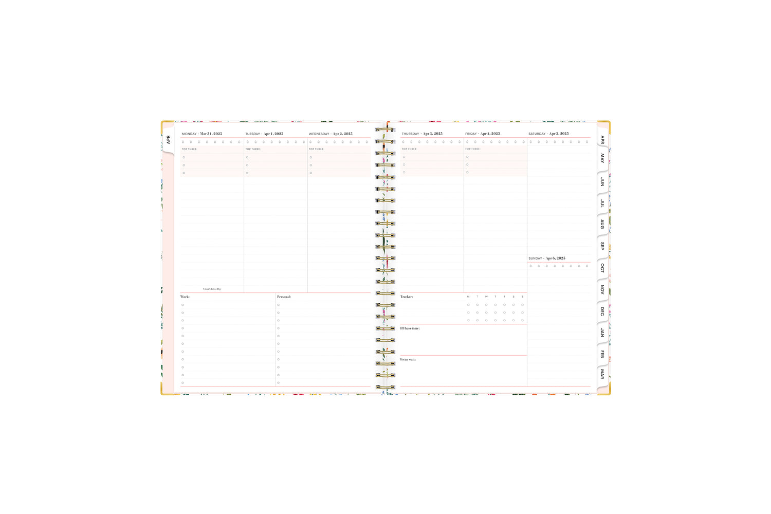 plan vertically with this weekly monthly planner with rainbow colored monthly tabs, grid notes section, both lined and blank writing space.