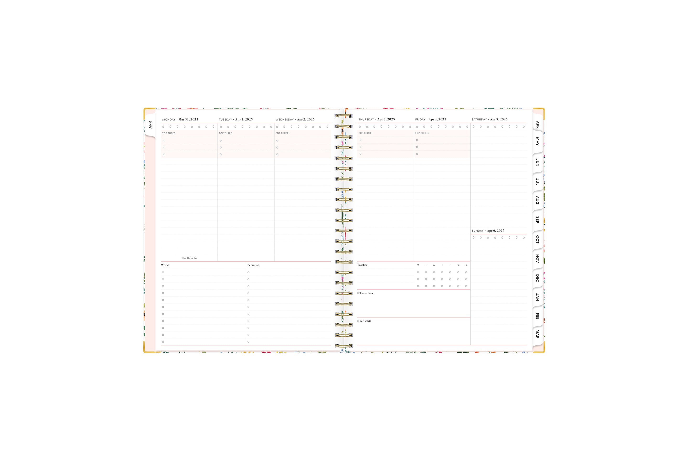 plan vertically with this weekly monthly planner with rainbow colored monthly tabs, grid notes section, both lined and blank writing space.