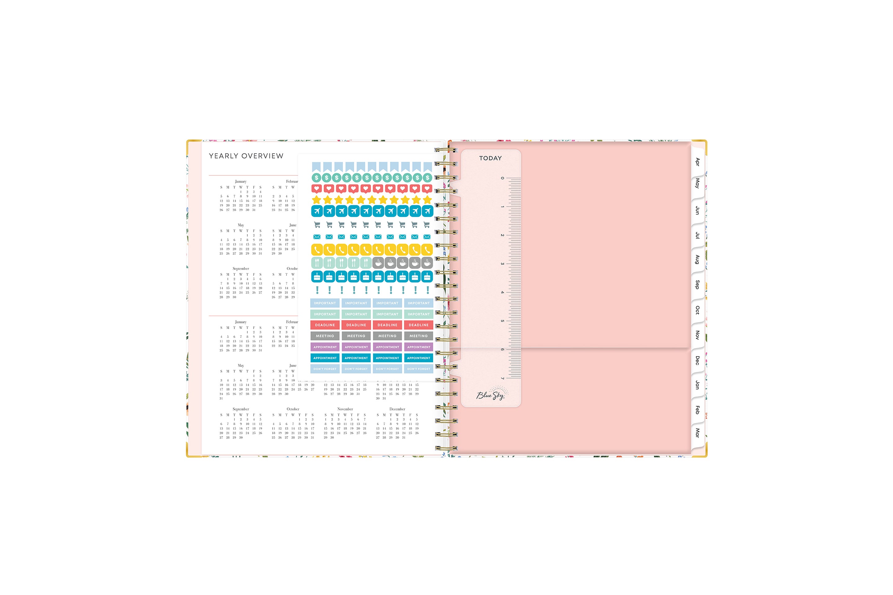 the livewell planner comes with sticker sheet, storage packet, and rainbow colored tabs