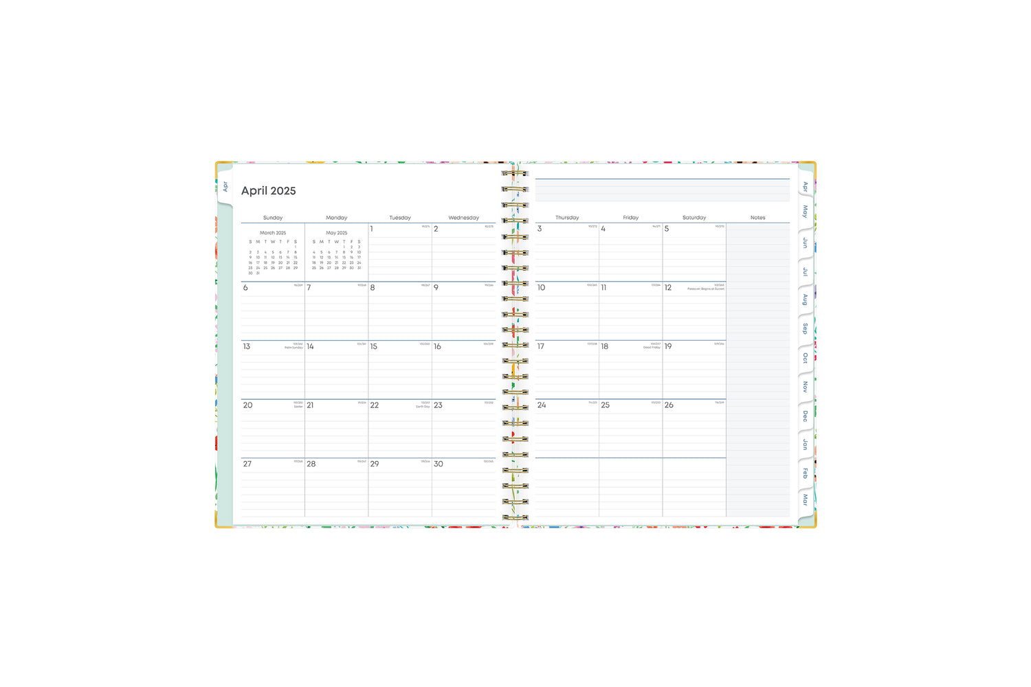 ample lined writing space and teacher lesson planner layout for each class or period, multi colored pattern for each day, and mint green monthly tabs for this  weekly monthly lesson planner.
