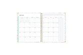 ample lined writing space and teacher lesson planner layout for each class or period, multi colored pattern for each day, and mint green monthly tabs for this  weekly monthly lesson planner.
