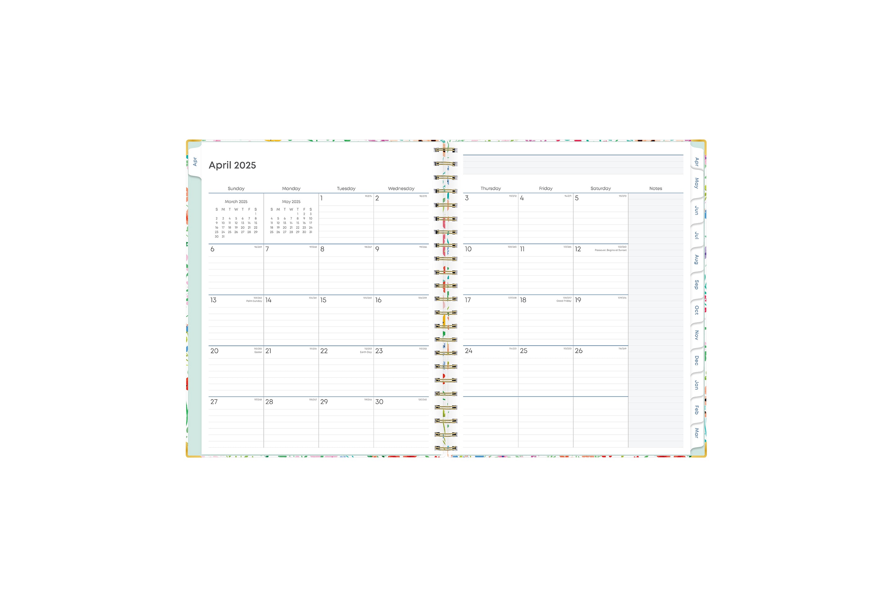 ample lined writing space and teacher lesson planner layout for each class or period, multi colored pattern for each day, and mint green monthly tabs for this  weekly monthly lesson planner.
