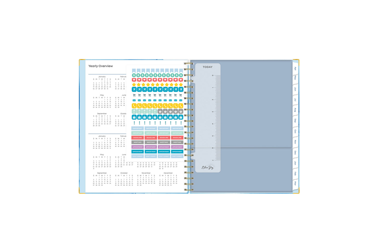 reference calendars, sticker sheets, snap in bookmark and sticky notes, white monthly tabs in  8.5x11 planner size