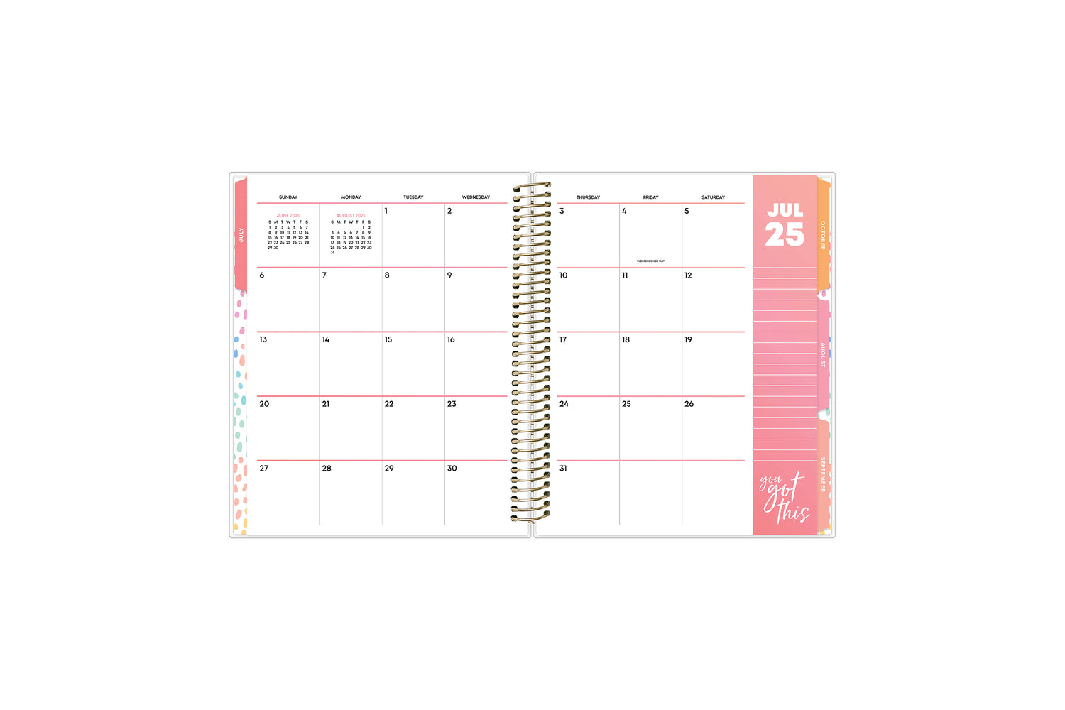 weekly monthly planner featuring a monthly spread with large blank squares for each date, reference calendars, and lined notes section