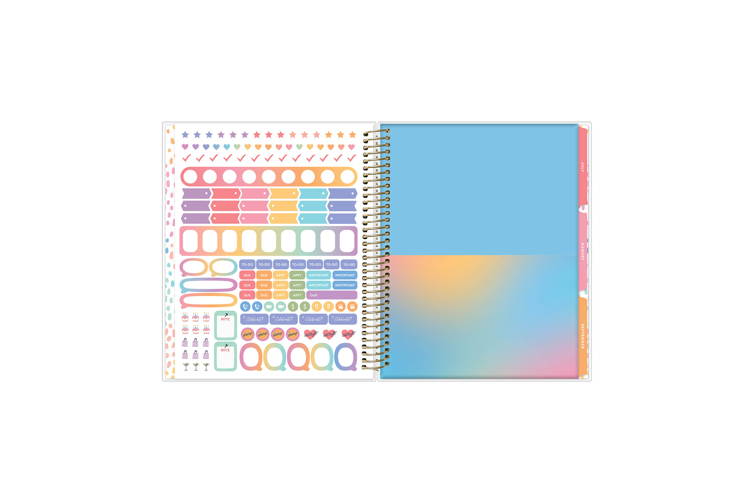 colorful sticker sheet, storage pocket, colorful monthly tabs 