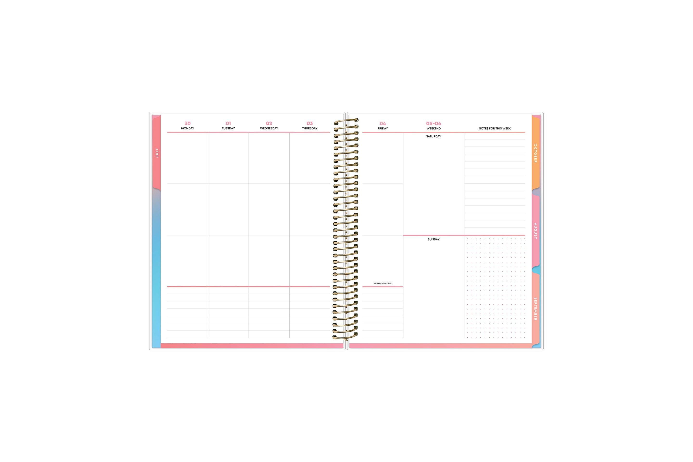 vertical weekly planning featuring ample writing space, gridded and lined notes section, colorful monthly tabs