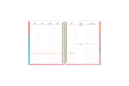 vertical weekly planning featuring ample writing space, gridded and lined notes section, colorful monthly tabs