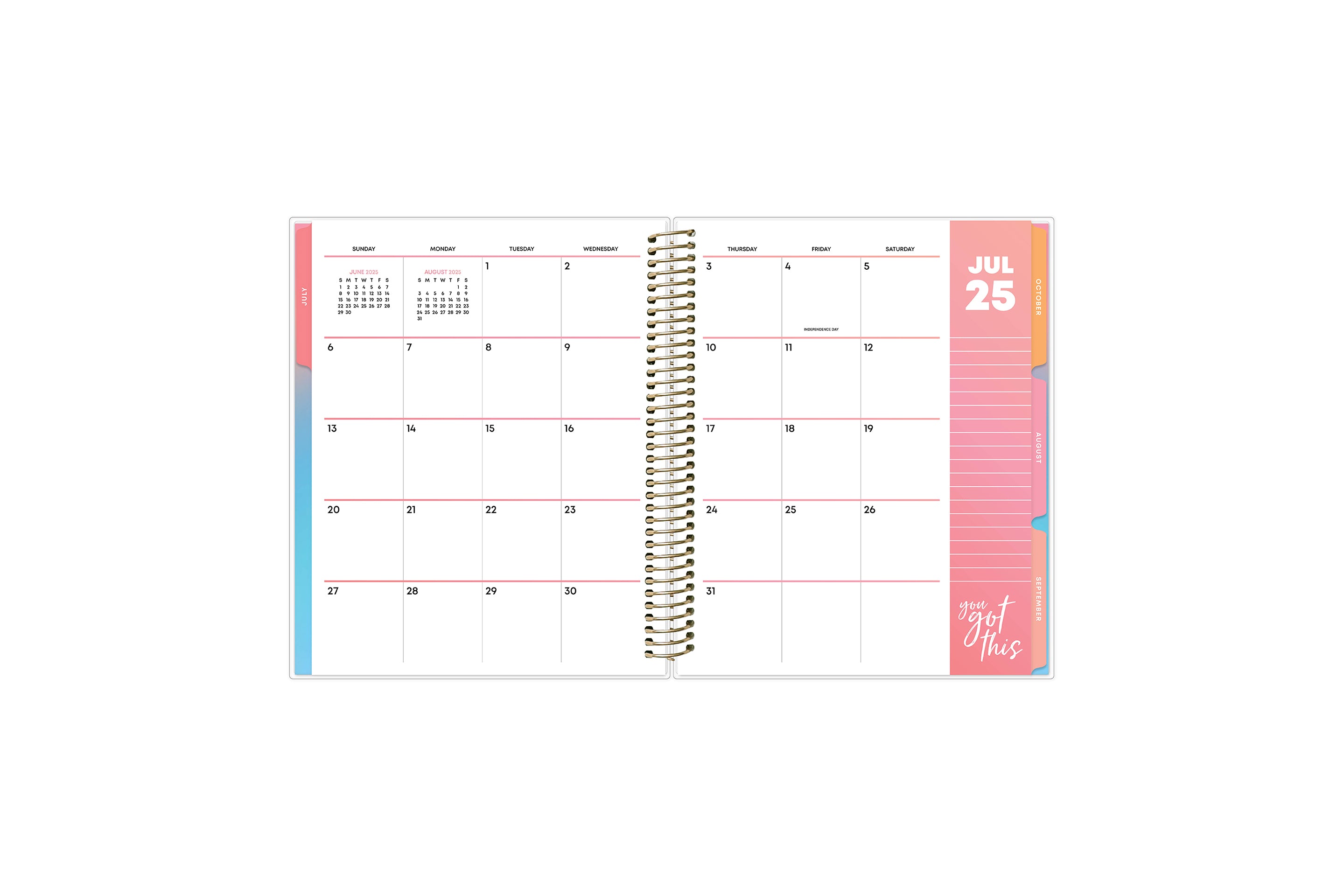 weekly monthly planner featuring a monthly spread with large blank squares for each date, reference calendars, and lined notes section