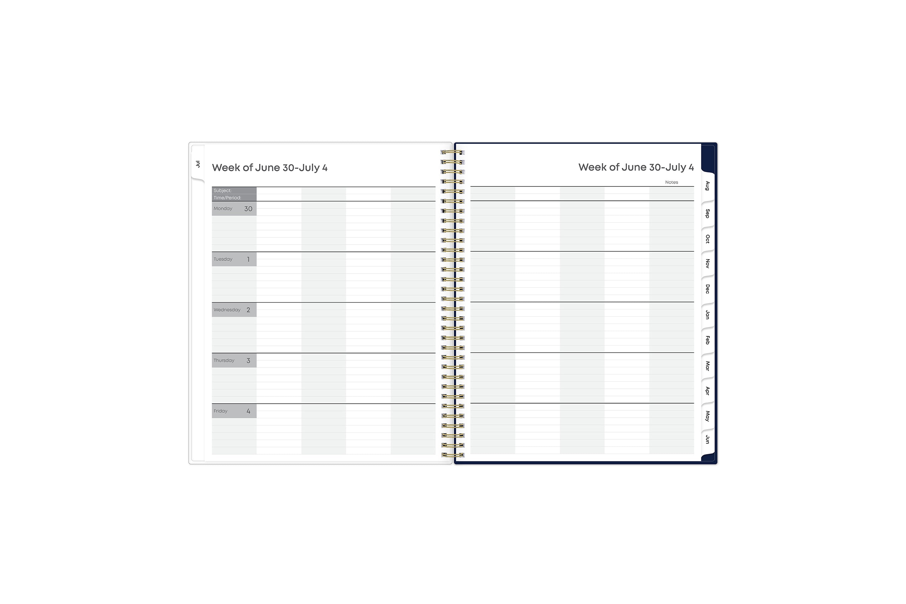 ample lined writing space and teacher lesson planner layout for each class or period, multi colored pattern for each day, and white monthly tabs for this  weekly monthly lesson planner.
