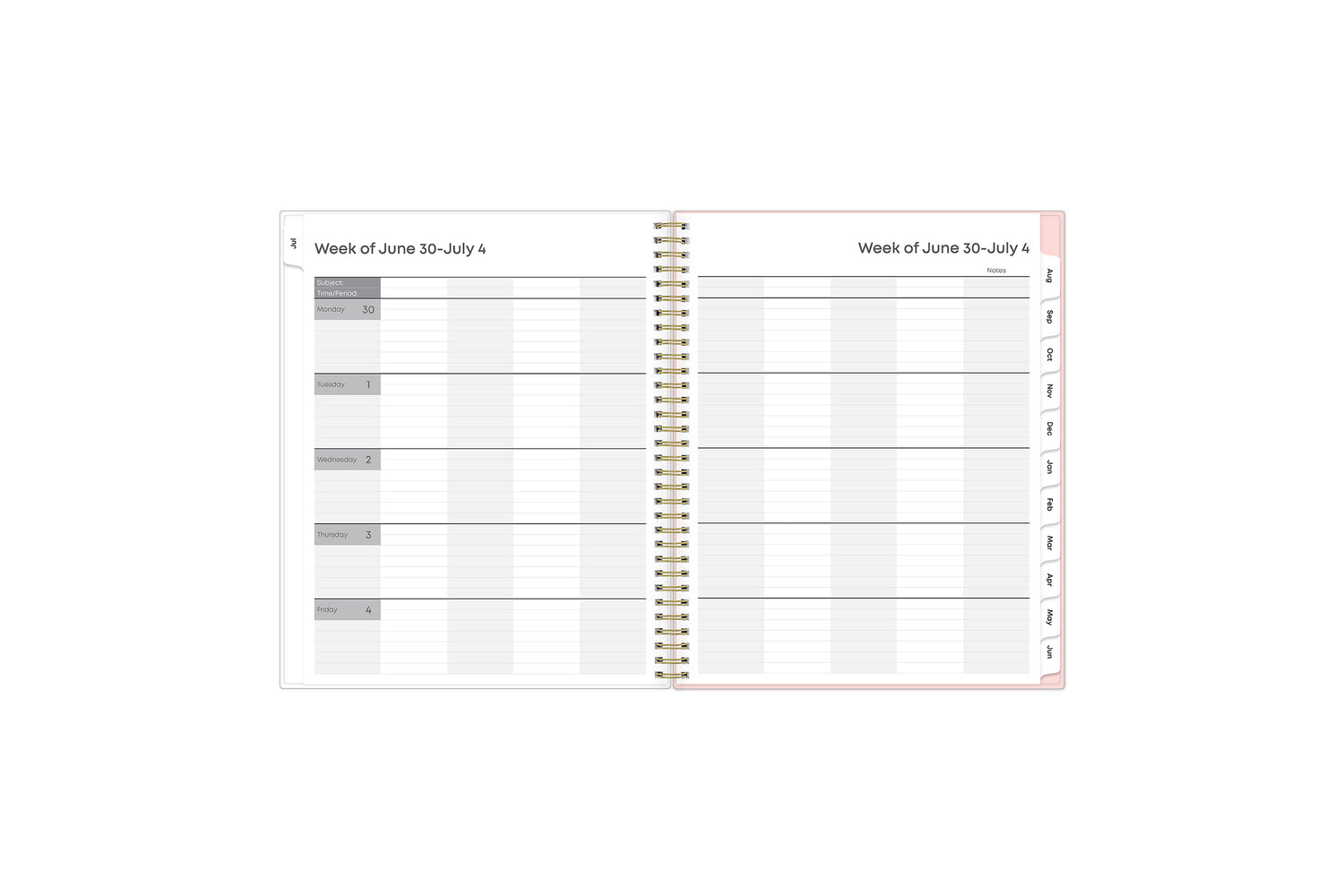 2025-2026 weekly spread featuring section for each subject or class and dates for notes , to dos