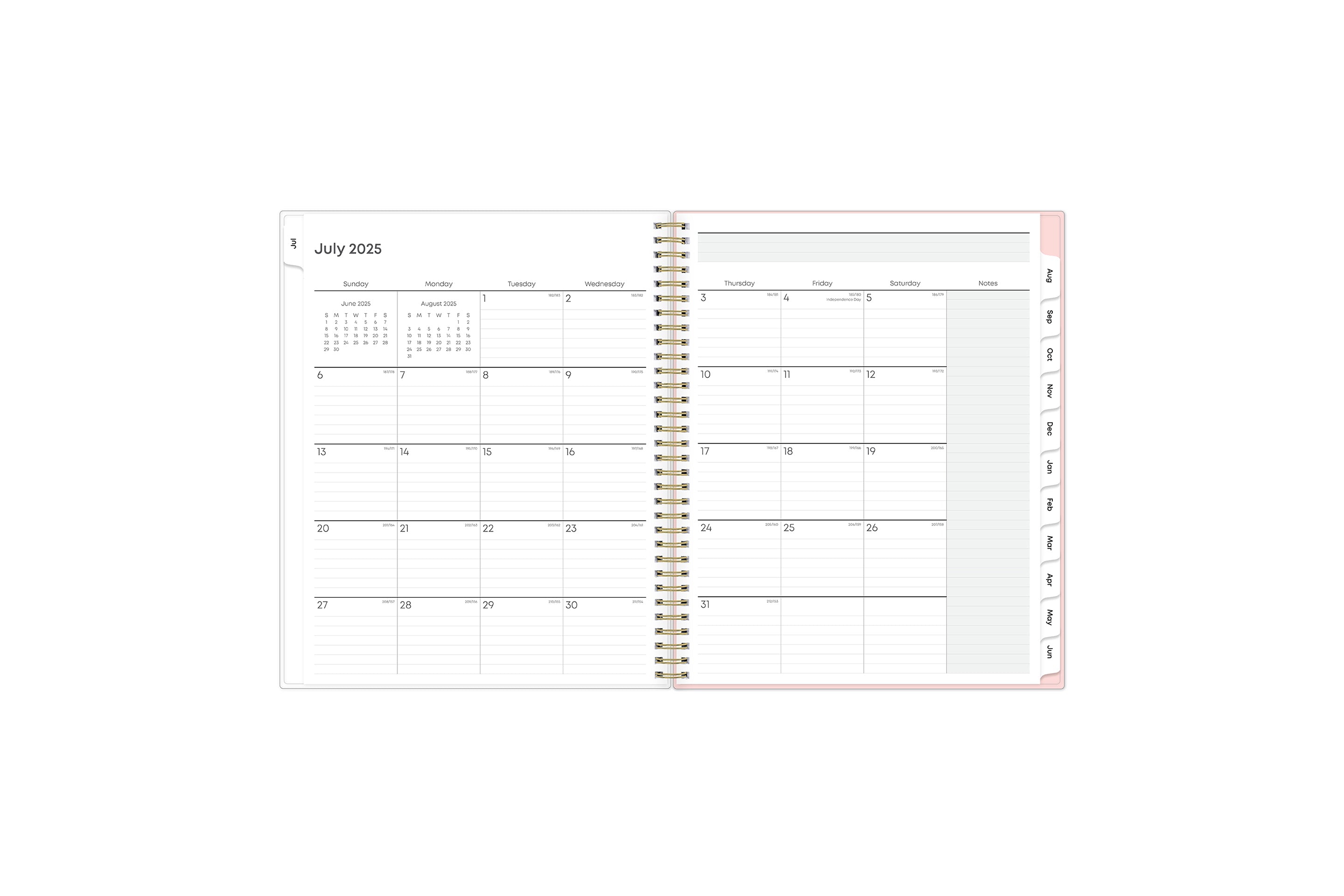 ample lined writing space and teacher lesson planner layout for each class or period, multi colored pattern for each day, and white monthly tabs for this  weekly monthly lesson planner.
