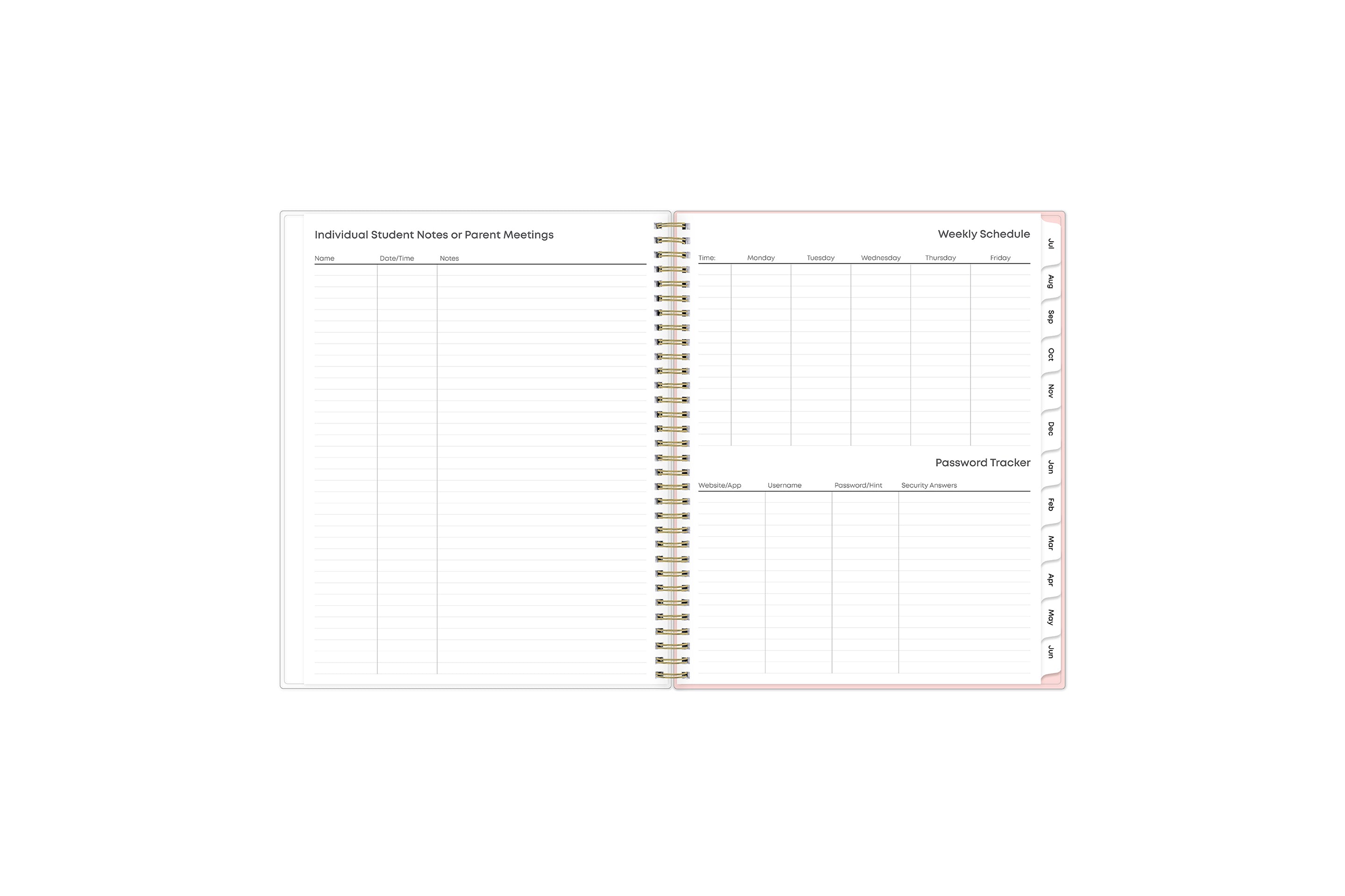 meetings, weekly schedule and password tracker sheet