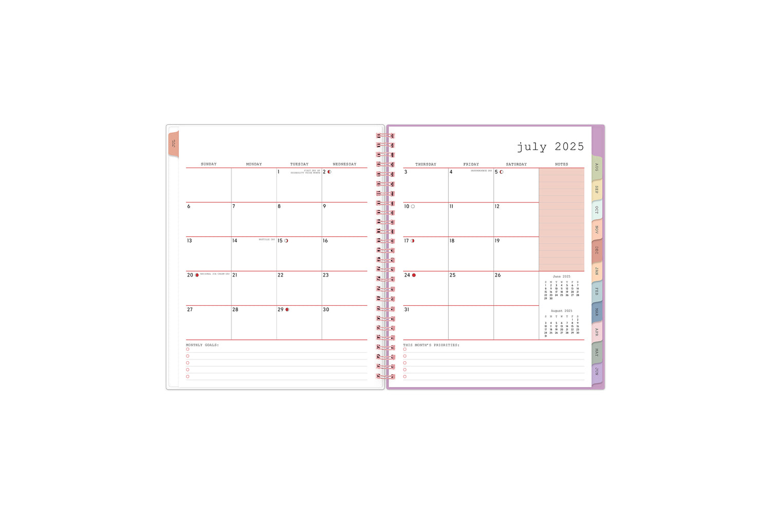 july 2025 - june 2026 weekly planner featuring a monthly spread with lined writing space, bullet points, and to dos. Multi colored monthly tabs, top goals