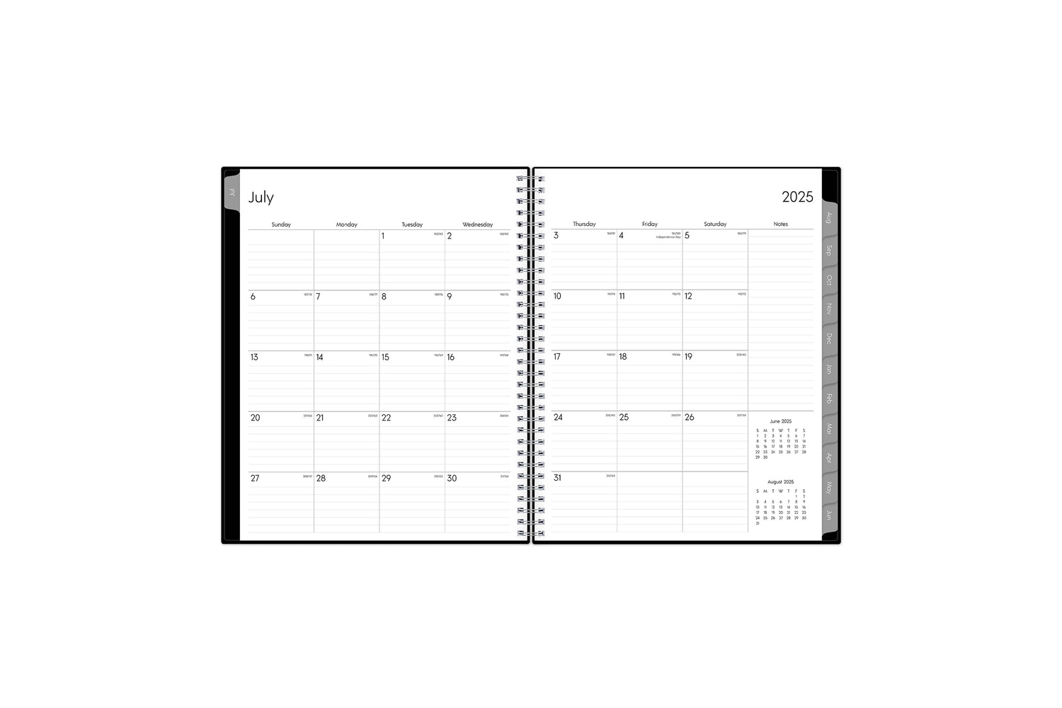 july 2025 - june 2026 weekly monthly planner featuring a monthly spread with lined writing space and gray monthly tabs