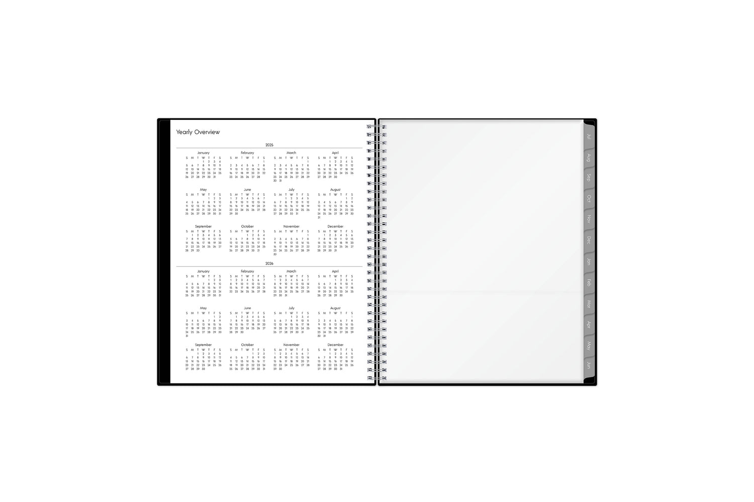 2025-2026 yearly overview with ownership information, weekly goals, and gray monthly tabs, storage pocket