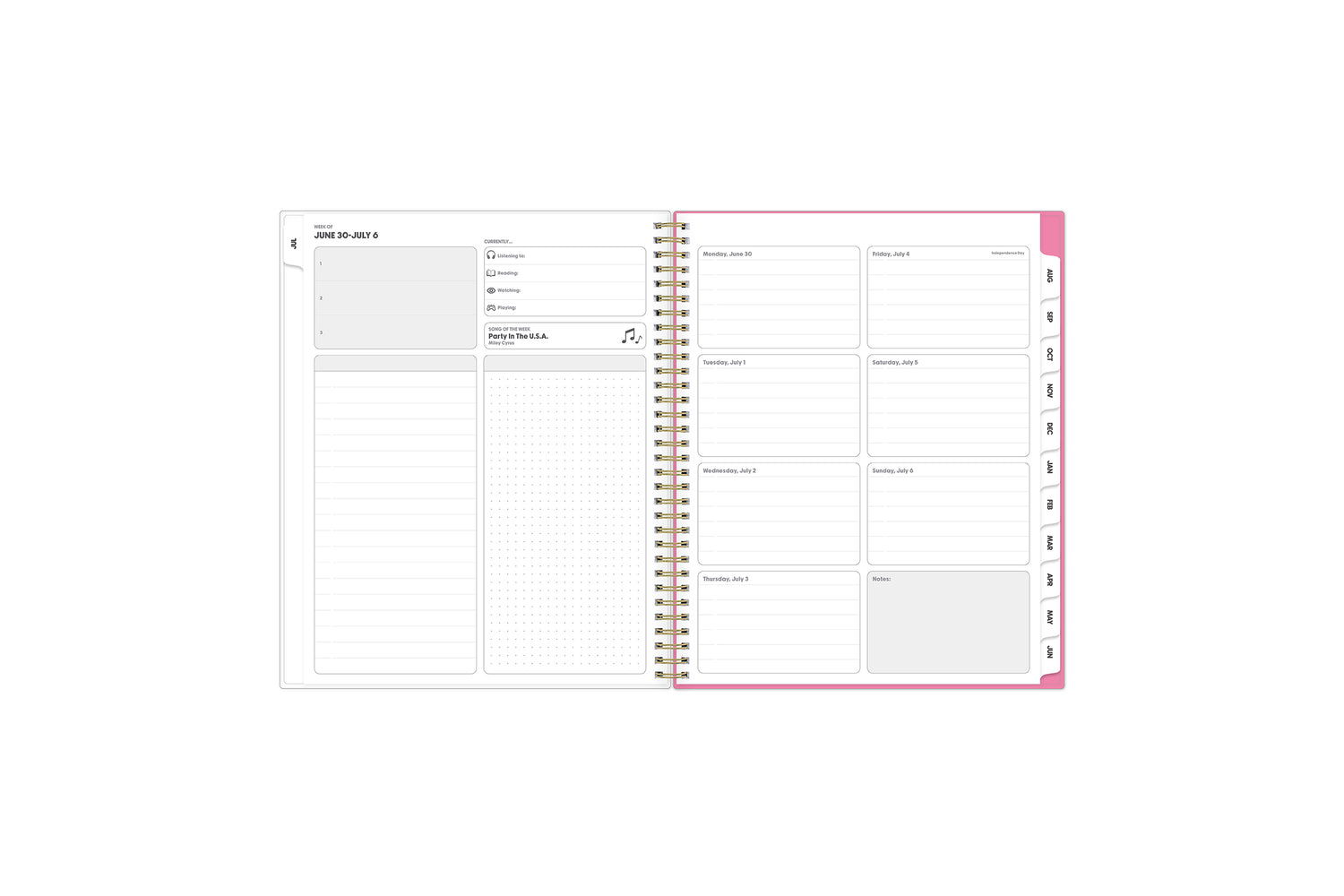 lined and dotted writing space with boxes for each day and white monthly tabs