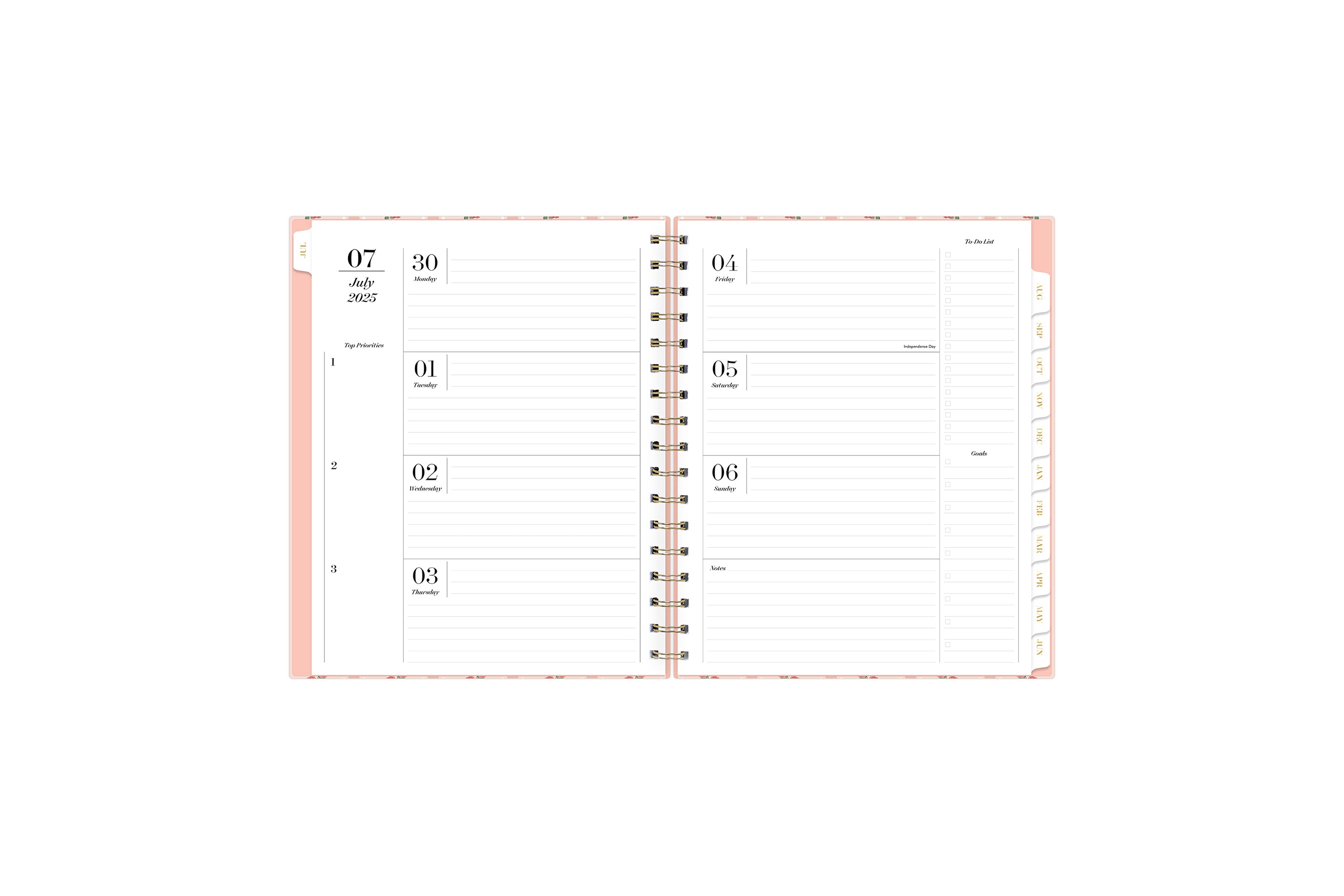 july 2025 - june 2026 academic planner featuring lined writing space and planning for each day, top 3 priorities, notes section, to-do list, and goals section