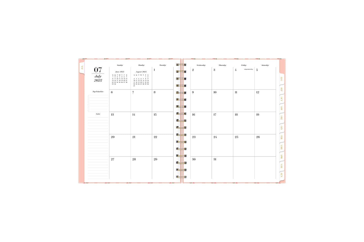 2025-2026 monthly spread featuring ample blank writing space, lined notes section, monthly tabs, and top priorities.