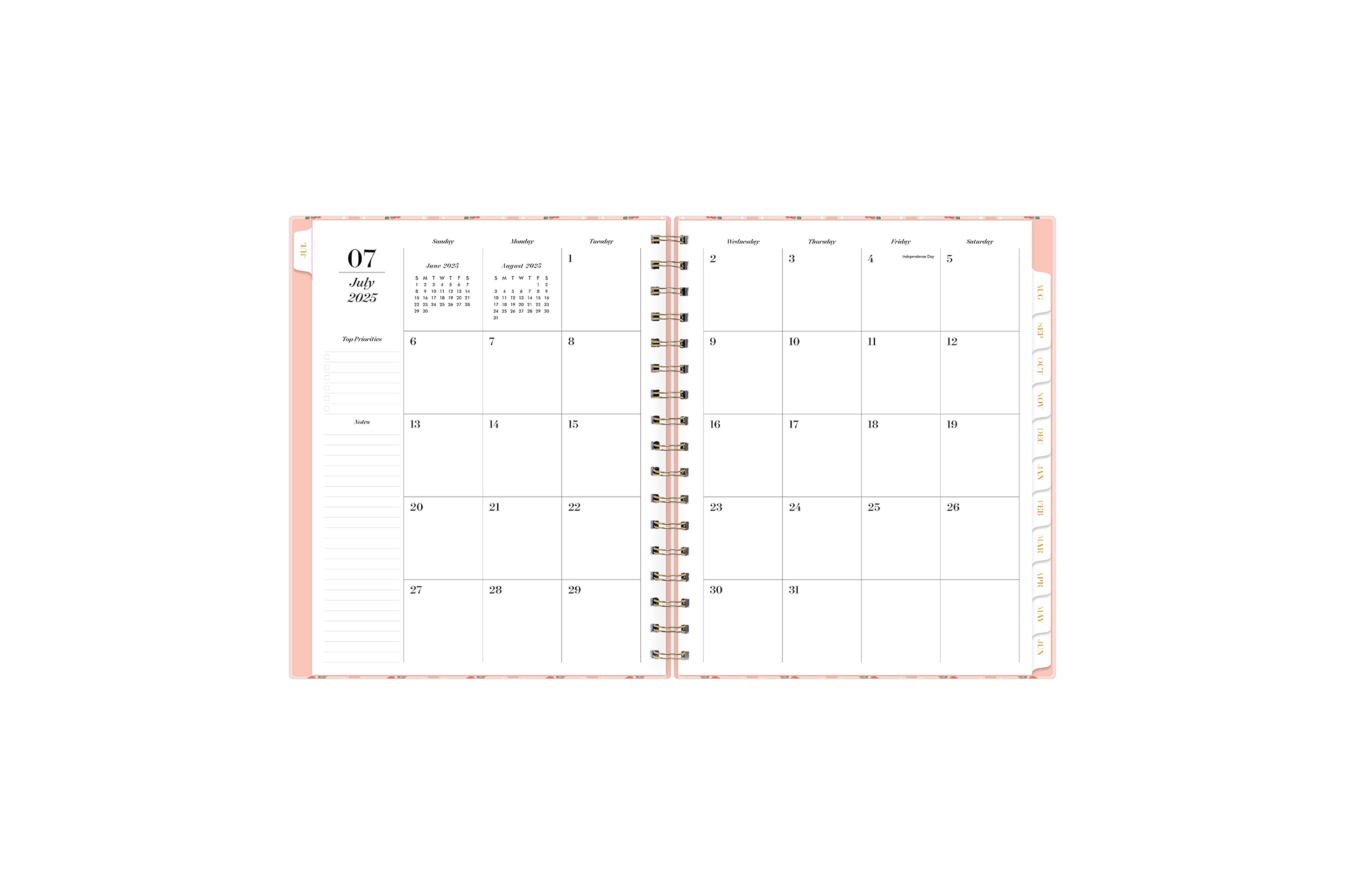 2025-2026 monthly spread featuring ample blank writing space, lined notes section, monthly tabs, and top priorities.