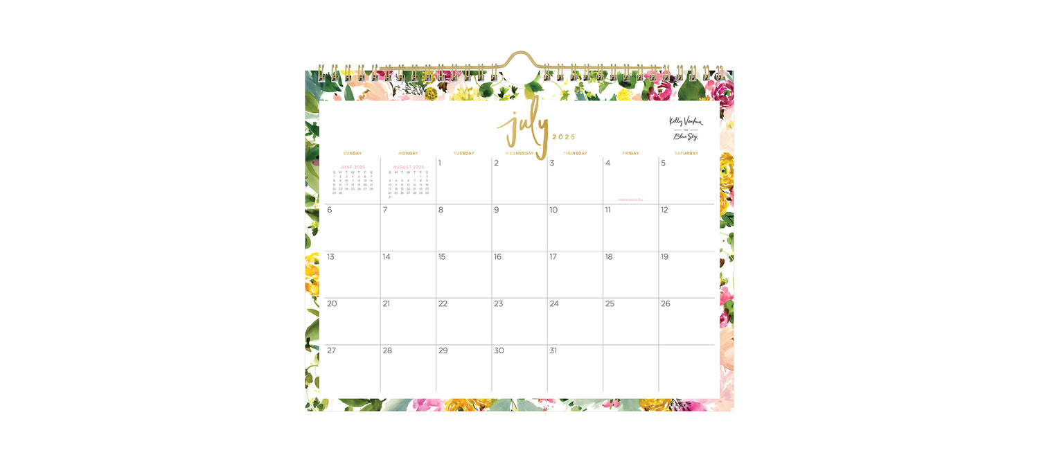 Beautiful floral borders and gold foiling on the 11x8.75 desk calendar for July 2025 - June 2026 from Kelly Ventura for Blue Sky for July 2025- June 2026