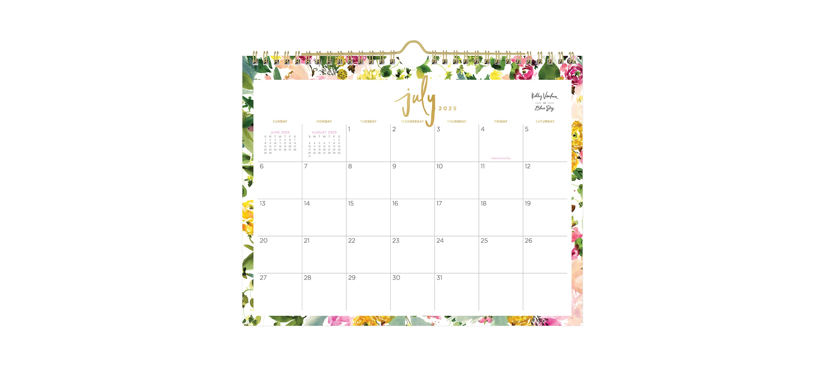 Beautiful floral borders and gold foiling on the 11x8.75 desk calendar for July 2025 - June 2026 from Kelly Ventura for Blue Sky for July 2025- June 2026