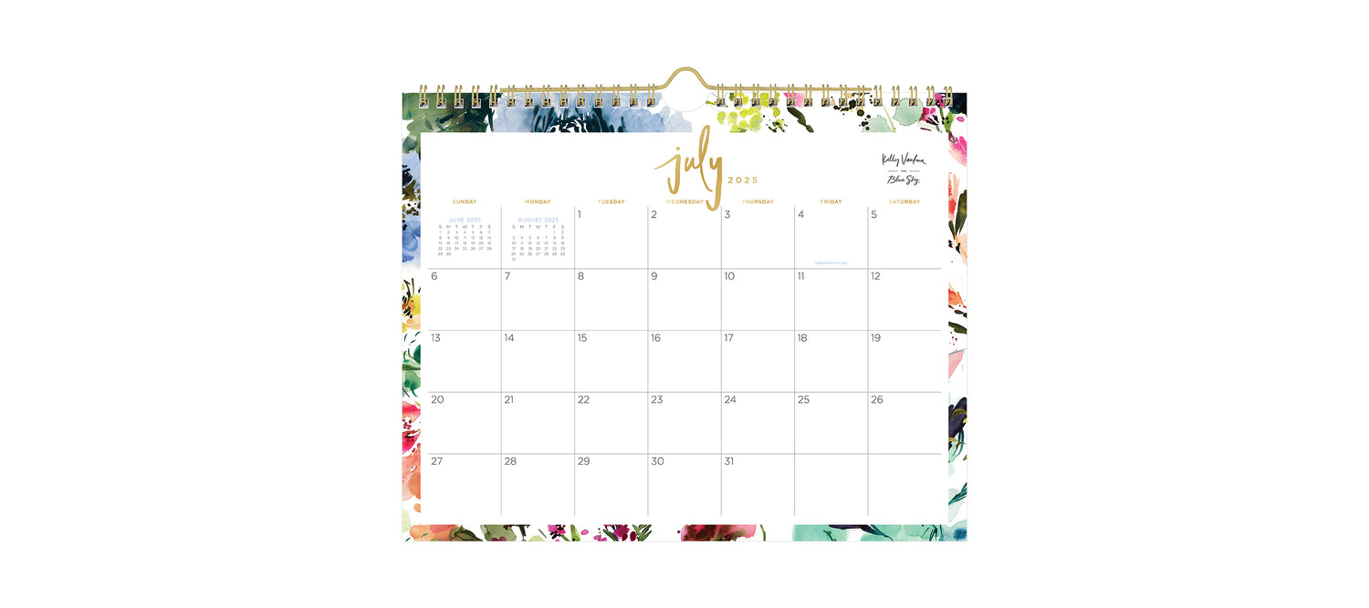 kelly ventura exclusive 11x8.75 wall calendar for june and july academic year featuring floral pattern and boxed dates