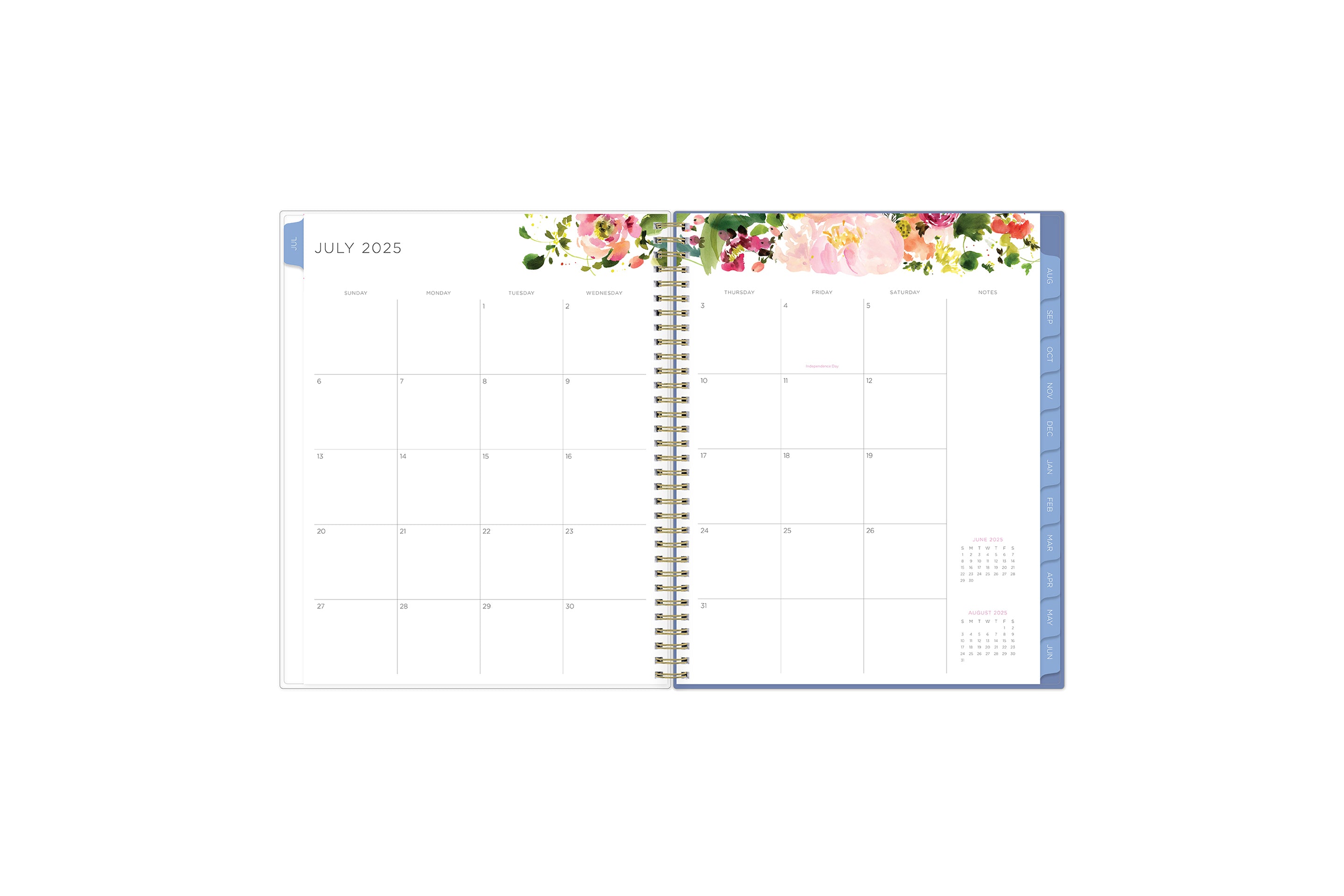 weekly monthly planner features a monthly spread with ample and clean blank writing space, notes section, reference calendars, and light blue monthly tabs in 8.5x11 planner size that is perfect size for deadlines