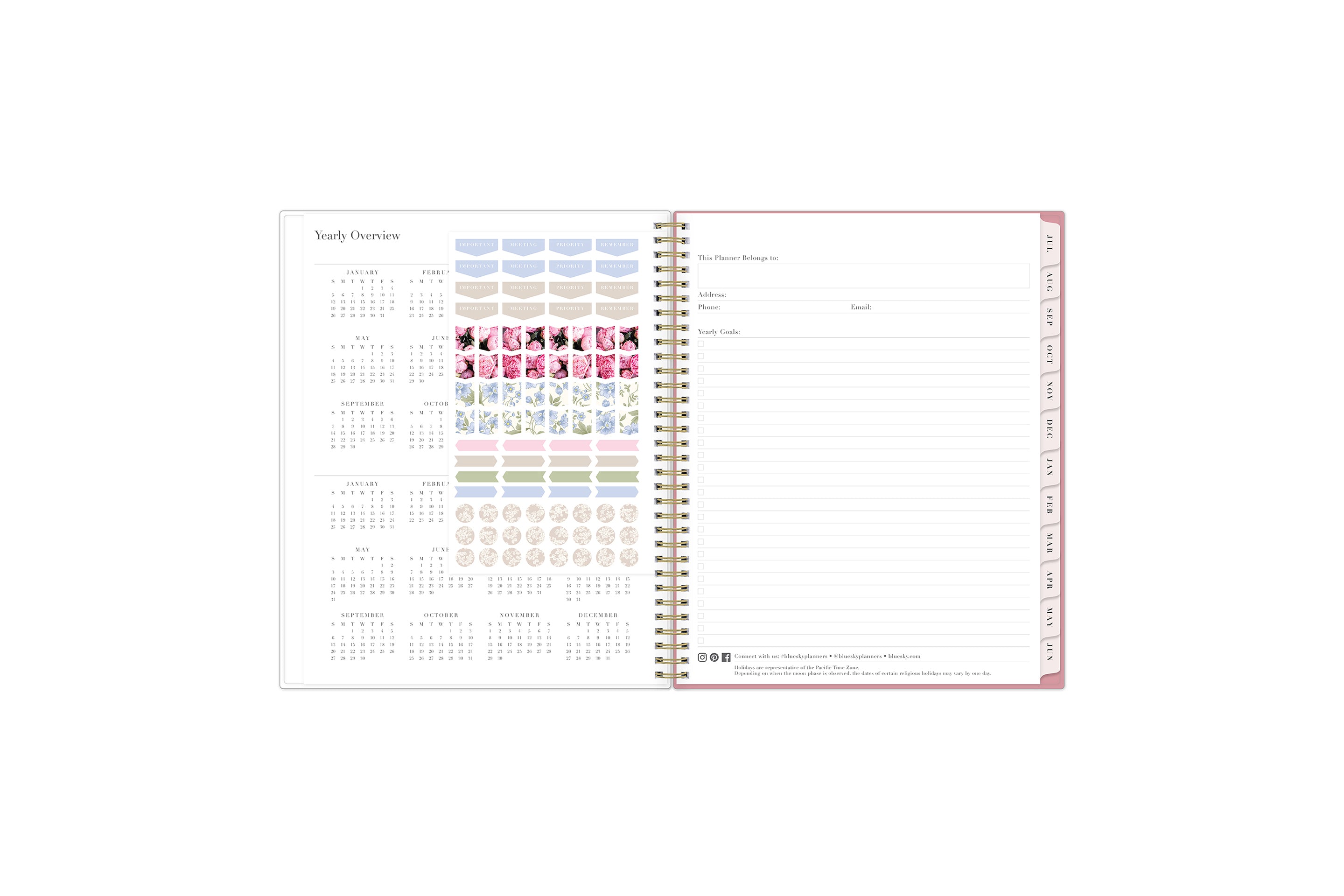 2025-2026 yearly overview with ownership information, sticker sheet, and blush monthly tabs