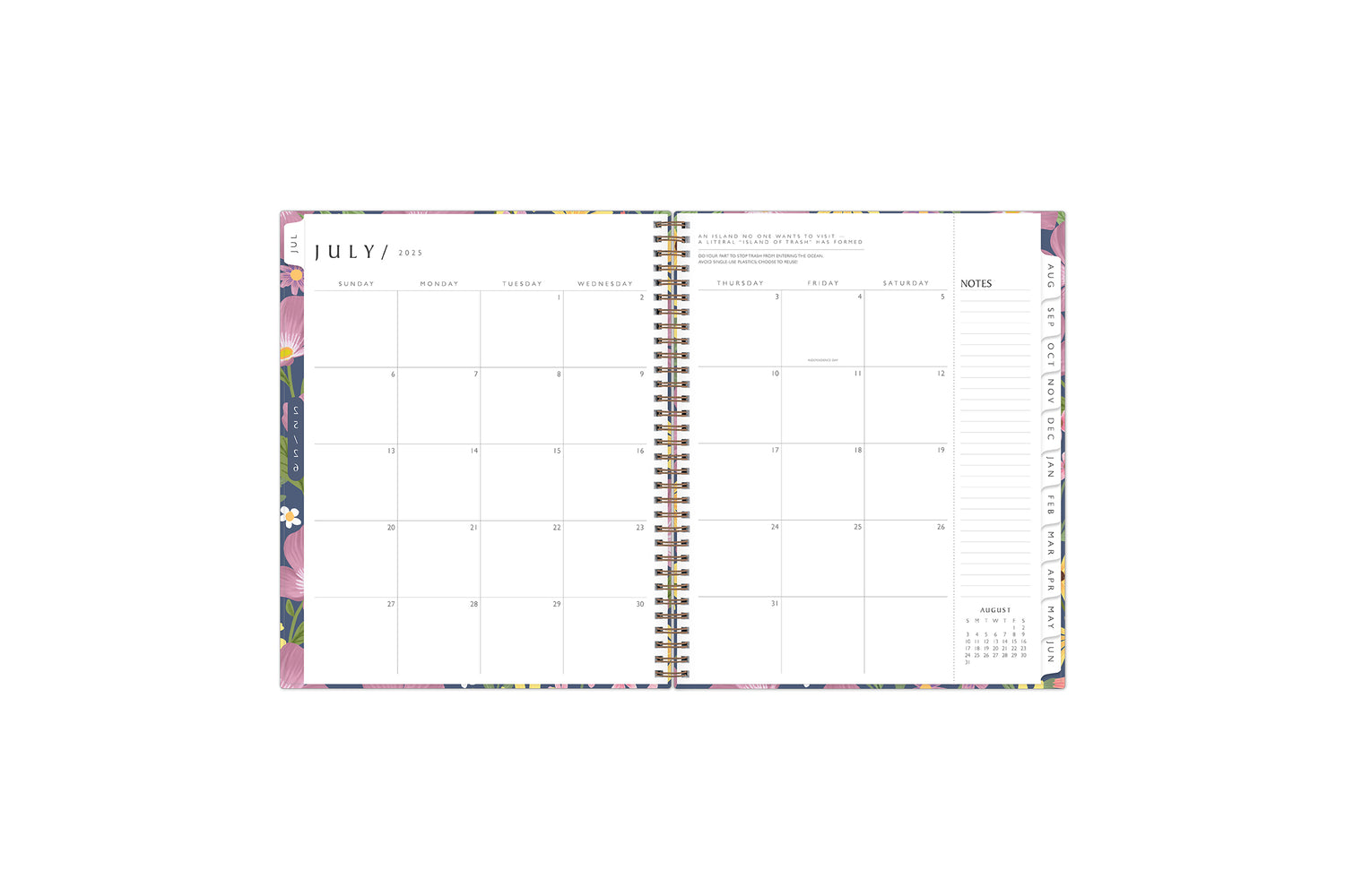 the 2025-2026 weekly monthly planner by blue sky features a monthly spread with ample blank white writing space, lined notes section, reference calendar, and white monthly tabs