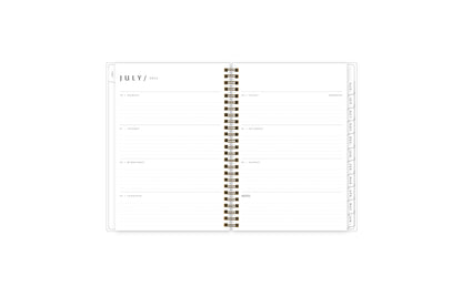 2025-2026 planner featuring a weekly spread with dotted lined writing space, and monthly white tabs
