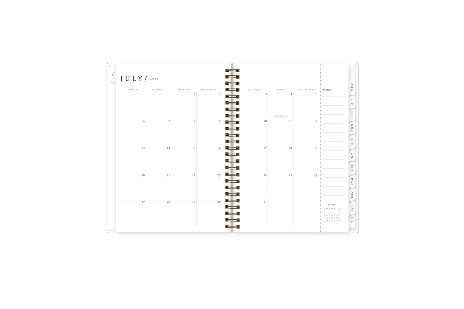 2025-2026 planner featuring a weekly spread with dotted lined/blank writing space, and monthly white tabs
