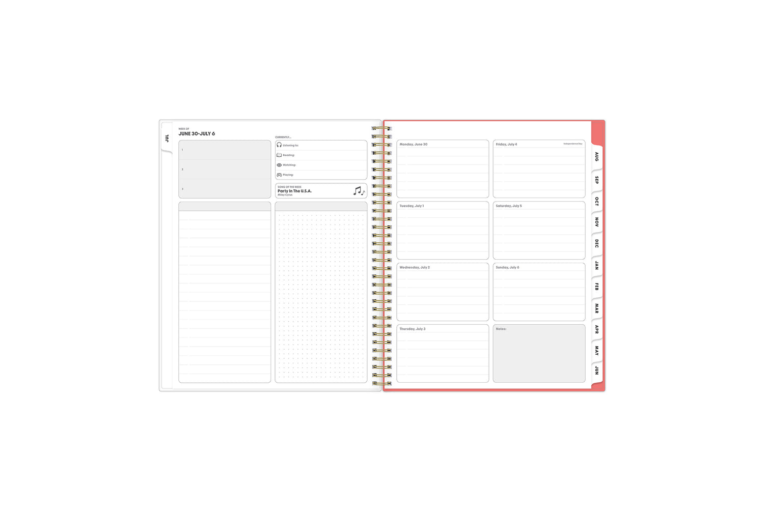 lined and dotted writing space, top 3 to dos and weekly boxed days for notes