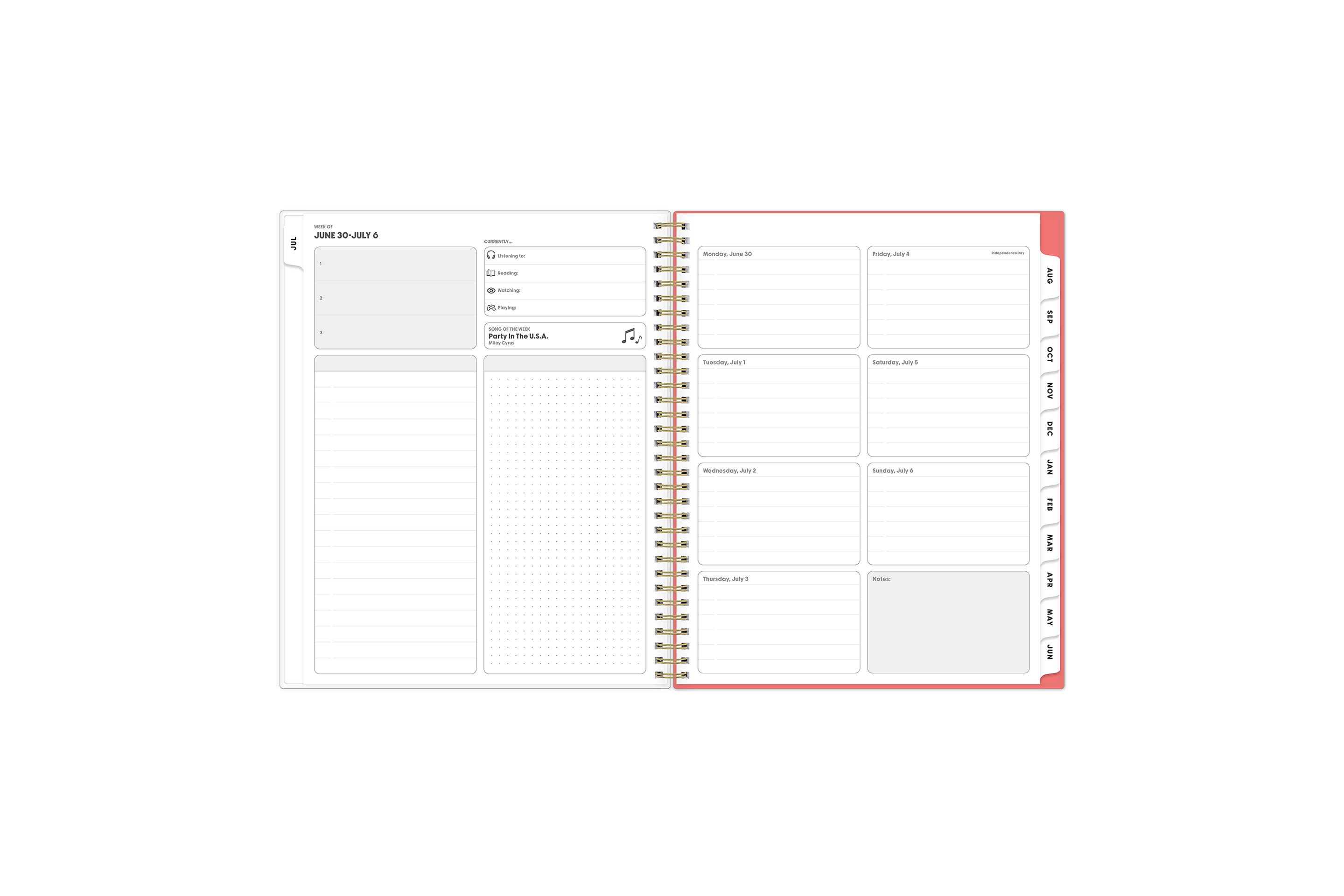 lined and dotted writing space, top 3 to dos and weekly boxed days for notes