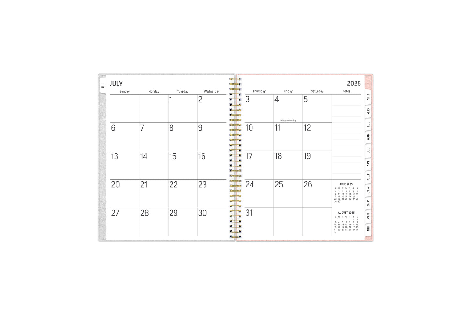 2025-2026 weekly planner featuring a monthly spread with blank writing space, reference calendars, and side section for lined notes.