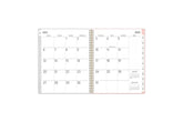 2025-2026 weekly planner featuring a monthly spread with blank writing space, reference calendars, and side section for lined notes.