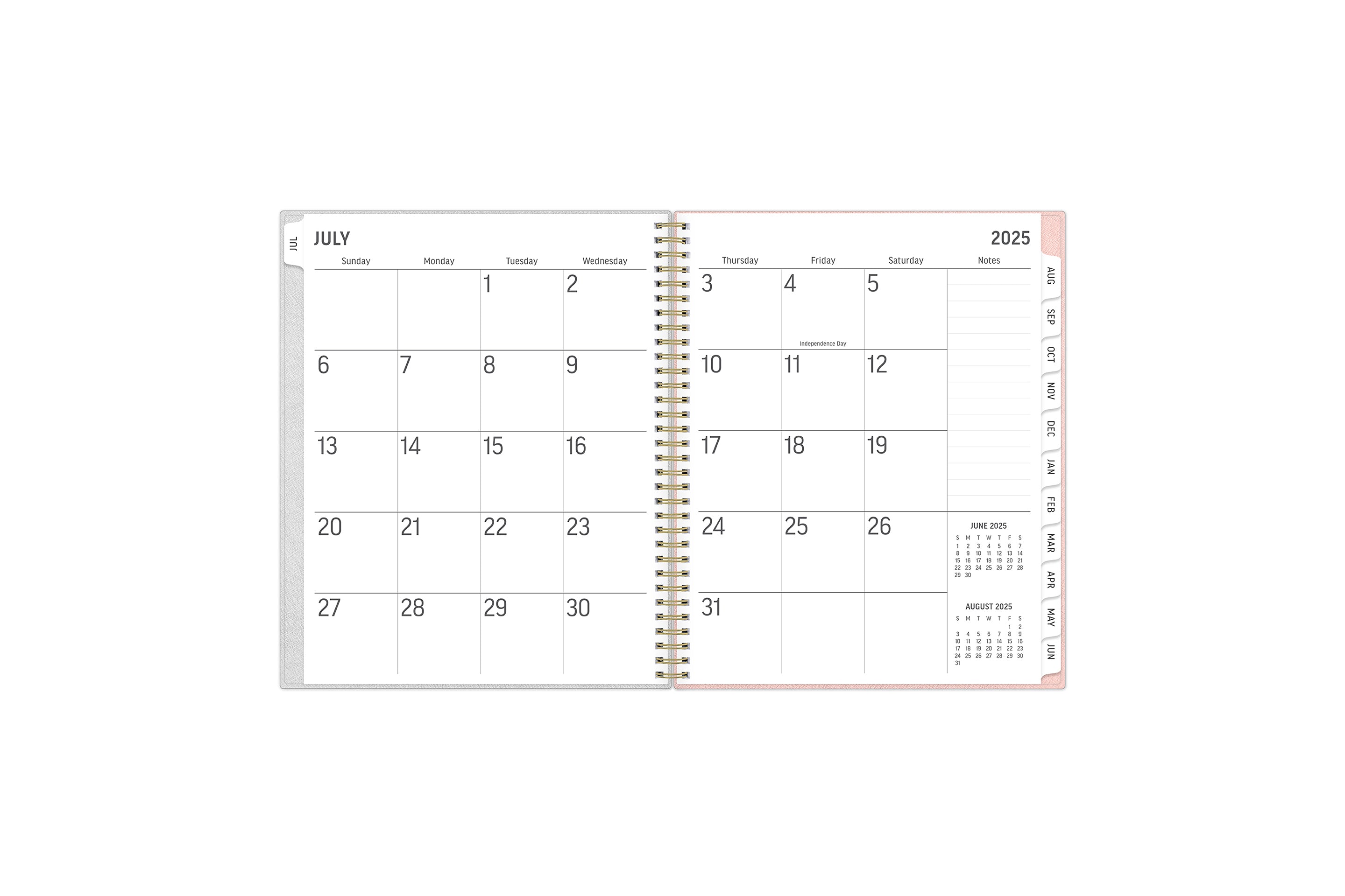 2025-2026 weekly planner featuring a monthly spread with blank writing space, reference calendars, and side section for lined notes.