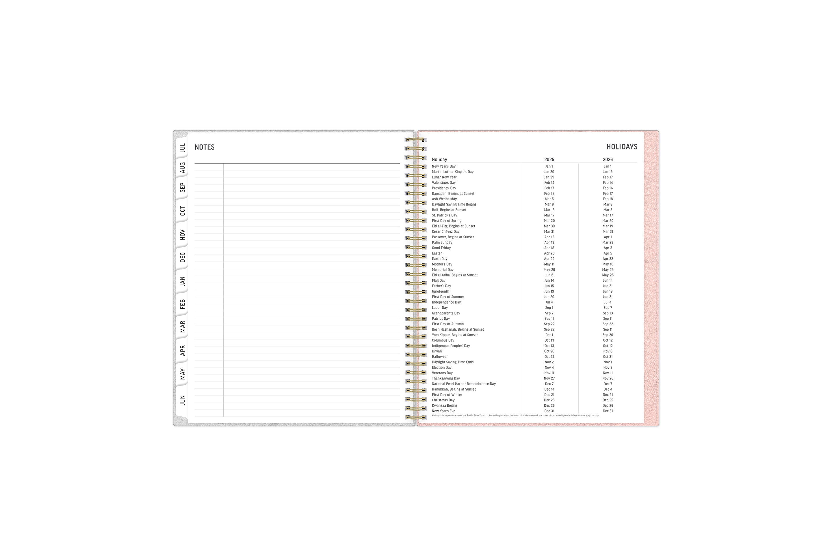 lined notes pages on the left and a holiday list for 2025