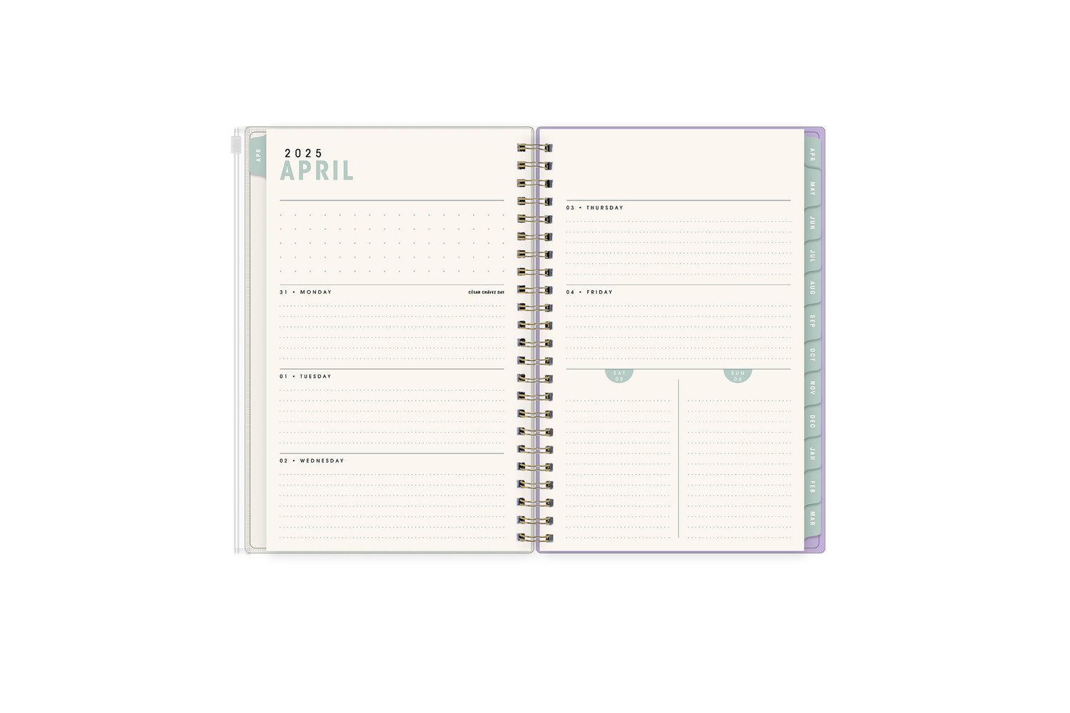 weekly monthly planner featuring a weekly layout with dotted lined writing space, and olive monthly tabs